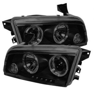 Передняя оптика диодная темно-черная с ангельскими глазками Halo Style для Dodge Charger 2006-2010